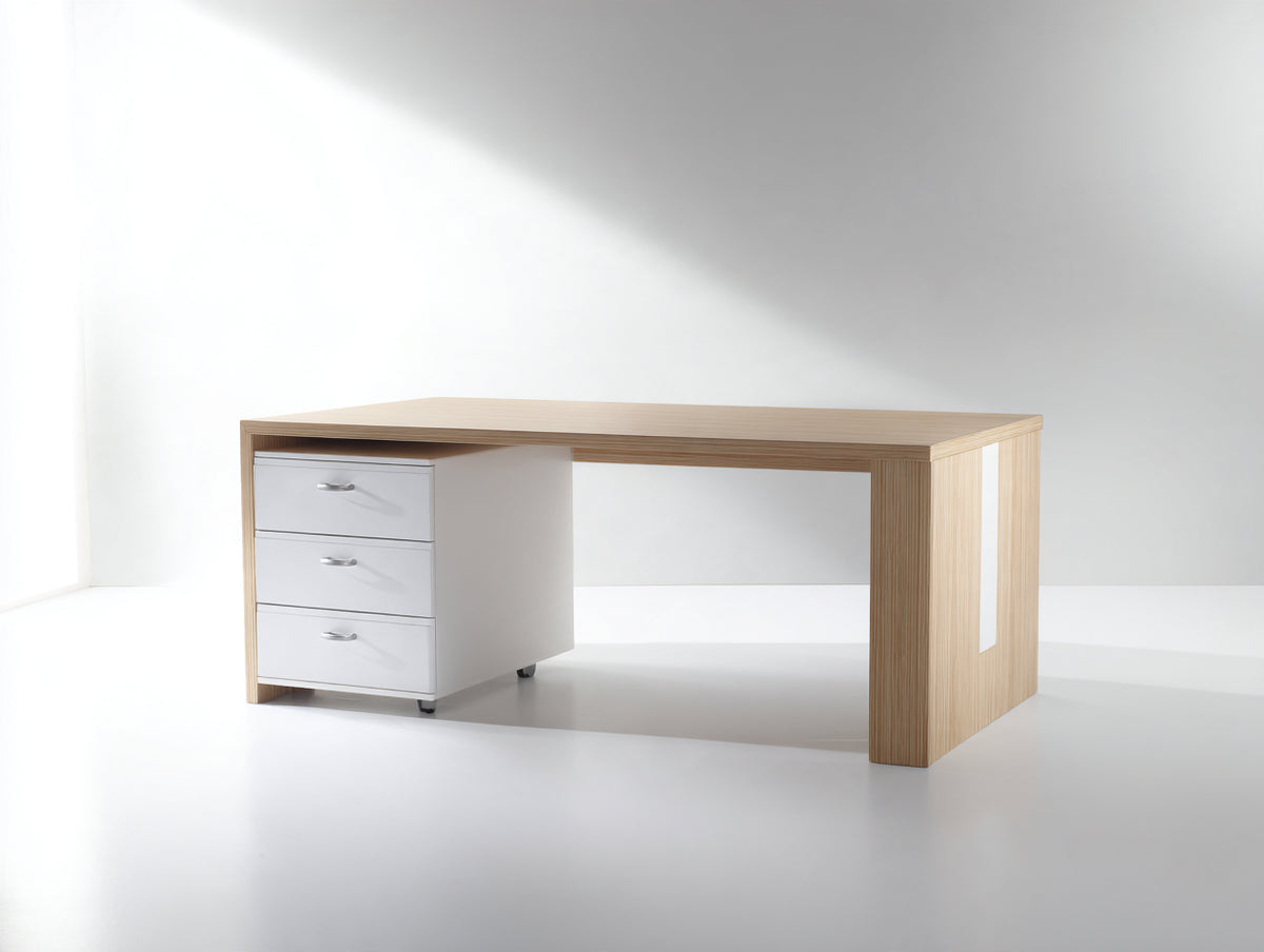 Scrivania - Legno ingegnerizzato-Metallo - 160x70x75 cm - Rovere chiaro-Bianco - Design moderno con contenimento integrato