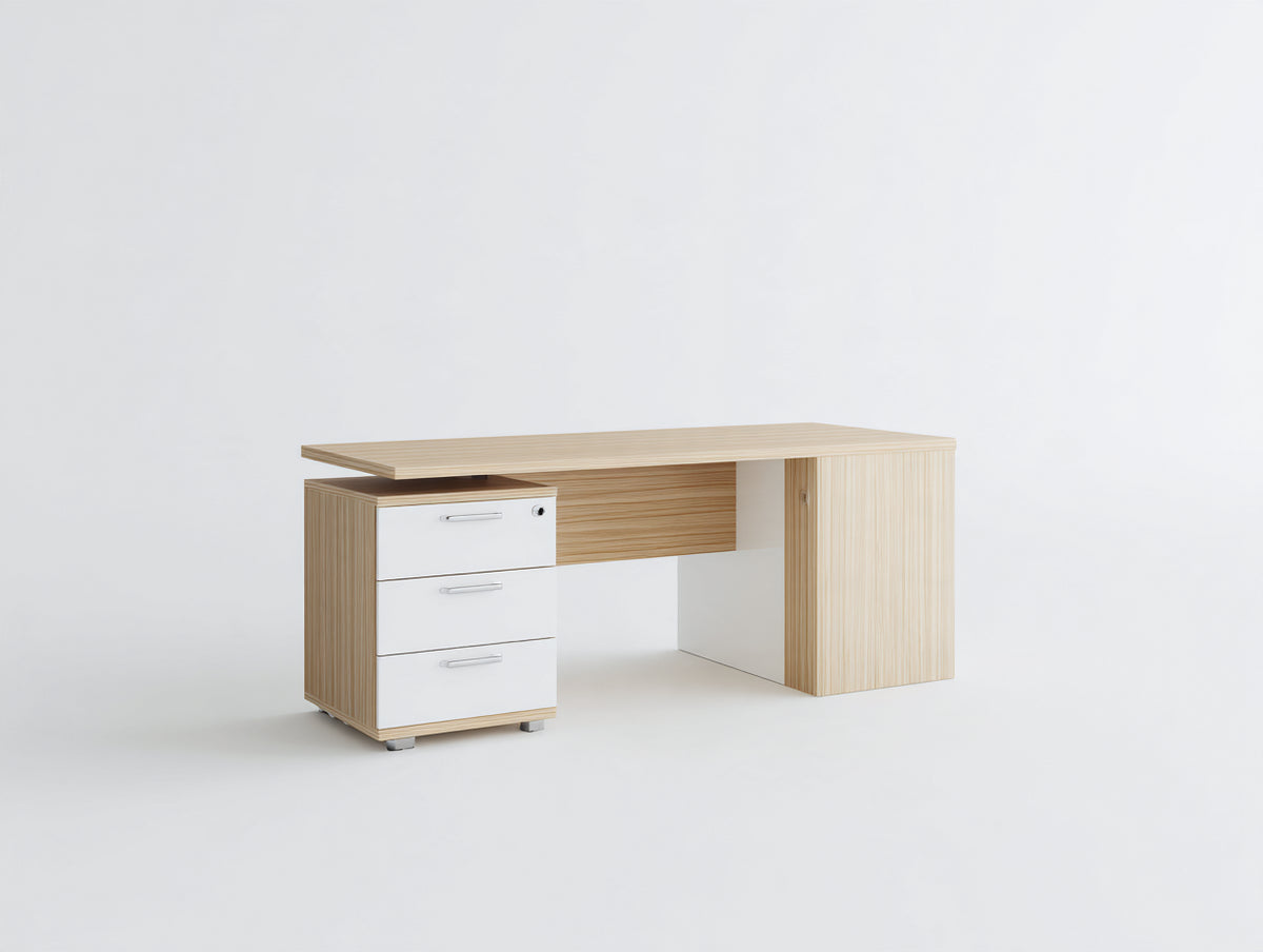 Scrivania - Legno ingegnerizzato-Metallo - 145x65x75 cm - Rovere chiaro-Bianco - Design moderno con contenimento integrato