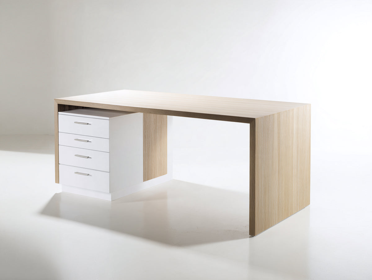 Scrivania - Legno ingegnerizzato-Metallo - 165x70x75 cm - Rovere chiaro-Bianco - Design moderno con contenimento integrato