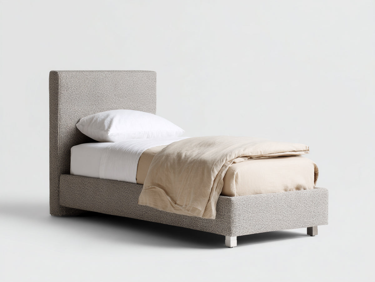 Letto singolo - tessuto-metallo - 205 x 105 x 120 cm - tortora chiaro - stile moderno minimalista con testiera imbottita