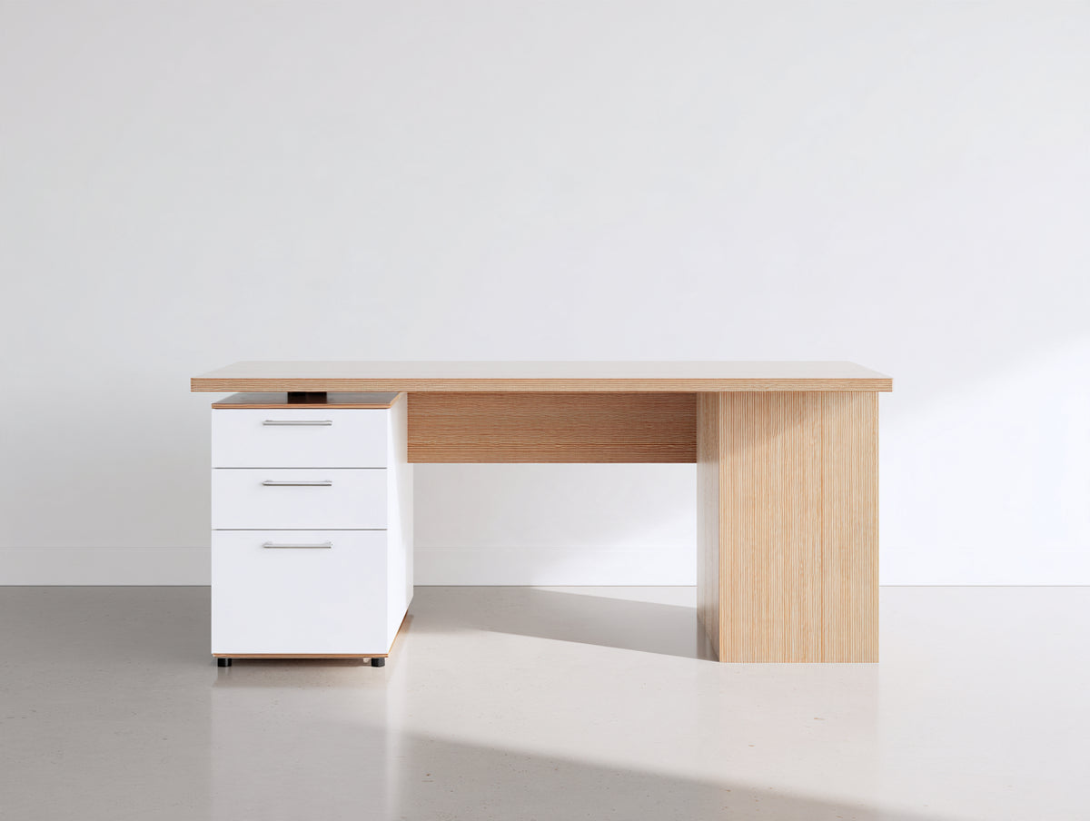 Scrivania - Legno ingegnerizzato-Metallo - 150x65x75 cm - Rovere chiaro-Bianco - Design moderno con contenimento integrato
