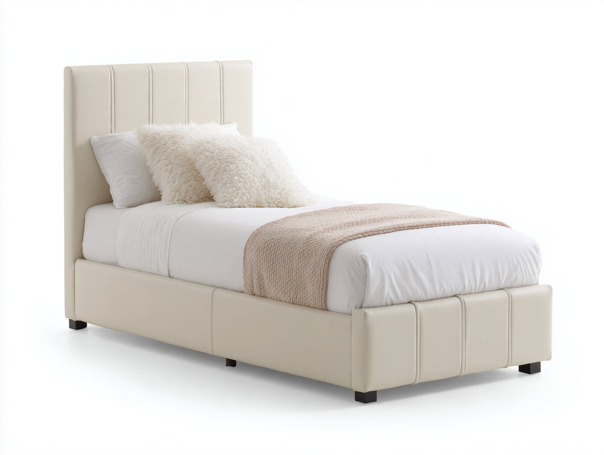 Letto singolo - similpelle-legno - 210 x 105 x 125 cm - beige crema - stile moderno con pannelli verticali imbottiti