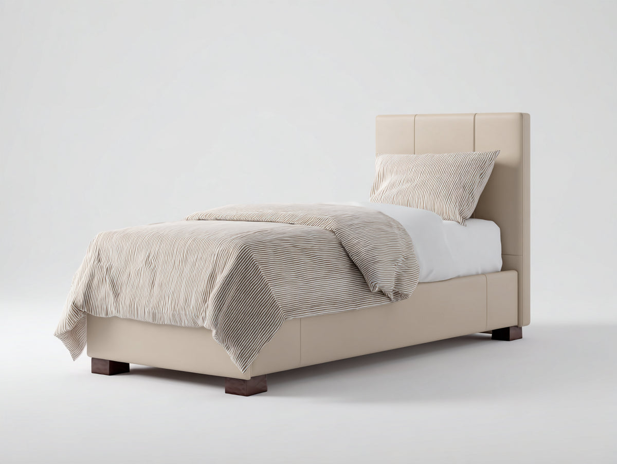Letto singolo - similpelle-legno - 205 x 105 x 115 cm - beige - stile moderno con testiera geometrica imbottita