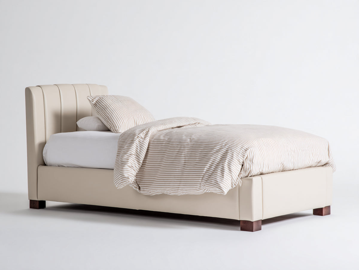 Letto singolo - similpelle-legno - 210 x 105 x 110 cm - beige chiaro - stile moderno con testiera imbottita