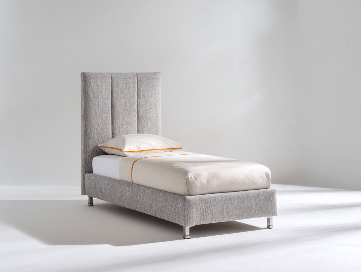 Letto singolo - tessuto-metallo - 205 x 100 x 135 cm - grigio chiaro - stile moderno con testiera alta imbottita