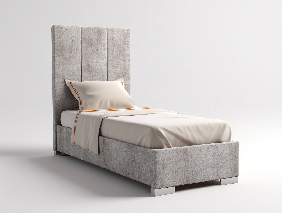 Letto singolo - tessuto-metallo - 210 x 100 x 140 cm - beige chiaro - stile moderno con testiera alta imbottita